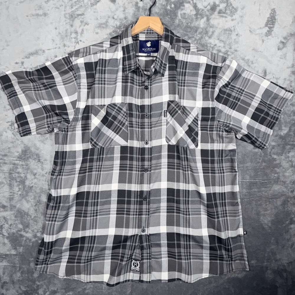 Rocawear Mens Big & Tall Button Up Shirt Size‎ 3XB Gray Black Plaid Short Sleeve